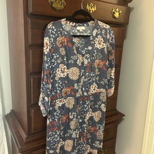 LOFT Navy Floral Button-Front Midi Dress with Rust and Cream Accents